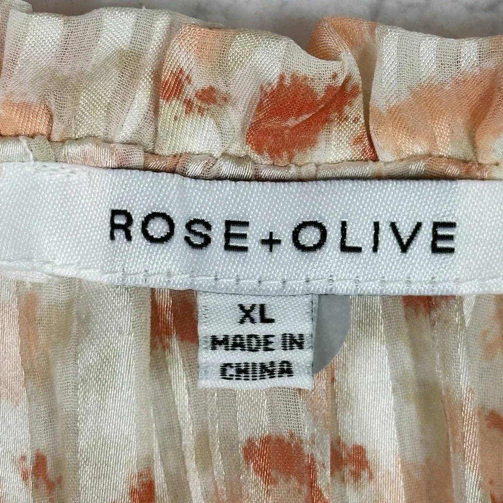 Rose +‎ Olive Floral Pleated Blouse XL Boho Peasant Long Sleeve Tie Neck Top